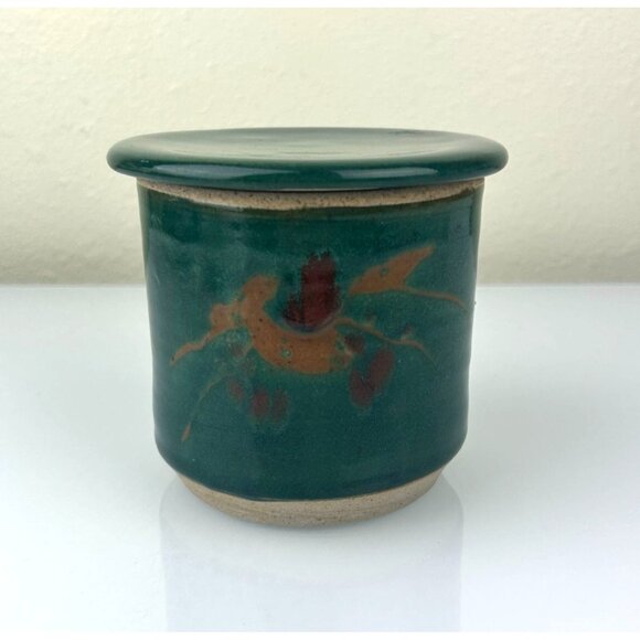 Studio Art Pottery Butter Keeper Crock w/ Lid Green Artist Signed Sun Valley, ID - Picture 3 of 16